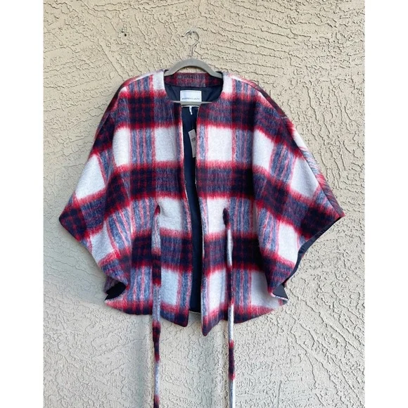 ANTHROPOLOGIE NWT Blue Plaid Brushed Wool Johanna Capelet Poncho Belted Cape OS